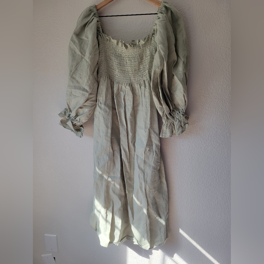 Sleeper 100% linen sage green atlanta midi dress, medium - Picture 9 of 14